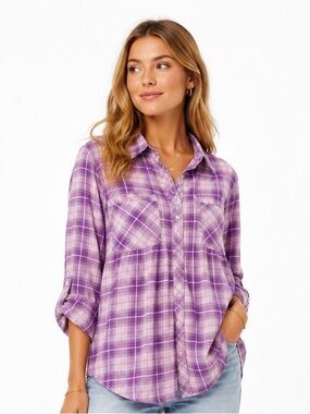 Everly Grey Lilac Plaid Cotton Button Front Blouse Small Bump Friendly